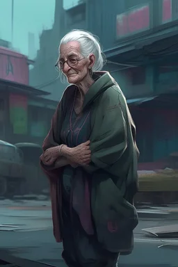 cyberpunk saggy granny woman, abandoned sci-fi town, future, sci-fi
