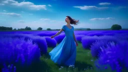 A serene scene of a woman in a flowy blue dress, standing in a field of vibrant blue flowers under a clear summer sky, the air filled with the scent of blooming lavender and jasmine, capturing a moment of pure euphoria.