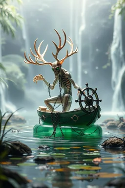 action figure of a glossed an transparent chained and crucified alien necrophyte electric reindeer necromancer on round swamp transparent glass obcidian boat beholder eye wheel throne in a charged foggy jungle starry waterfall, blur background to make character pop out