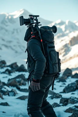 “Ultra-realistic outdoor adventure scene in snowy mountains. A rugged human adventurer carries a multifunctional backpack cam rig. The rig is integrated into the backpack with a telescopic camera mast, foldable sled/runners for low-angle shots, and small stabilizing wheels. Subtle LED lights on the rig glow softly. The backpack looks natural, weatherproof, and lightweight. Snow, rocks, and sunlight create natural shadows. The camera rig is unobtrusive, blending with the environment