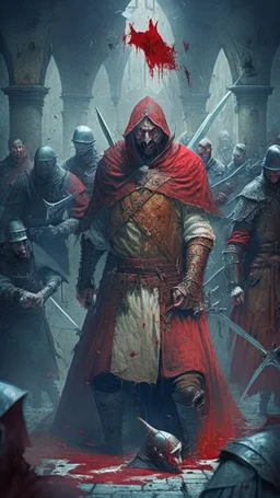 warlock in the centre, blood being sucked, medieval soldiers in the background