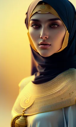 Arab young woman ,Arabic features، cute, beautiful, black eyes,A tuft of hair on the face,Modest Arabic style dress، head and shoulders portrait, cinematic, 8k, resolution concept art portrait by Greg Rutkowski, Artgerm, WLOP, Alphonse Mucha dynamic lighting hyperdetailed intricately detailed