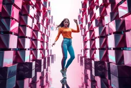 beautiful lady with todays modern clothing and sport shoes, in surreal stage made of 3d fractal random size recursive objects with helical strip colors in clothing similar to environment full body dancing to camera,animating background metallic random color cubes