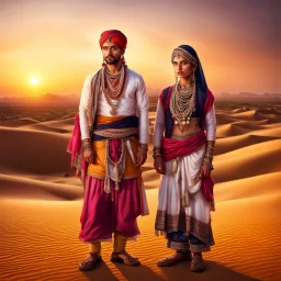 Hyper Realistic Photographic-Zoomed-View Of Rajasthani Brother & Sister With A Traditionally Rajasthani Attire Standing In A Desert Dramatically Looking At Sunset showing dramatic & cinematic ambiance.