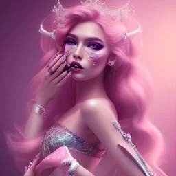 a princess wearing a lot of makeup and painted nails, with pink lipstick,with a nichairstyle dramatic, dramatic lighting, volumetric lighting, hyperrealism, 8k, high quality, photorealistic, lot of details