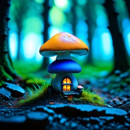 "Close up of a wonderful tiny Mushroom Tower home. blue and orange with bright white, deep black and contrasting tones of gray. Illuminated bioluminescent forest. Professional painter, master at composition. small but detailed. broken, blurred background, voluminous lighting"