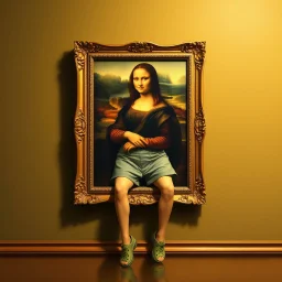 A painting of Mona Lisa on the wall, the frame with shorts and Crocs attached to her human legs