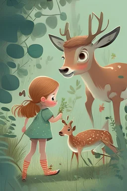 a young girl plays around the bush with a little deer in a cartoon