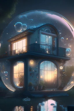 a home built in a huge Soap bubble, windows, doors, porches, awnings, middle of SPACE, cyberpunk lights, Hyper Detail, 8K, HD, Octane Rendering, Unreal Engine, V-Ray, full hd -- s5000 --uplight --q 3 --stop 80--w --ar 1:3 | by Peter Palombiulo and Mark Brooks and Brad Kunkle detailed, front view futuresynth trending on artstation