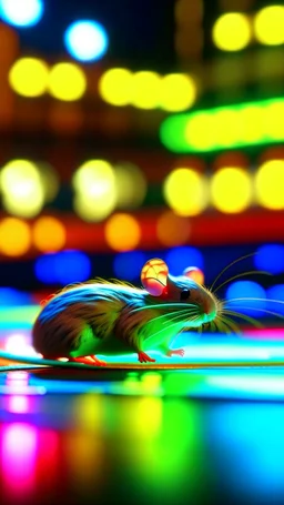 racing mouse on glowing neon racing track for rc scooter, shot on Hasselblad h6d-400c, zeiss prime lens, bokeh like f/0.8, tilt-shift lens 8k, high detail, smooth render, down-light, unreal engine, prize winning