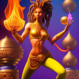 dhalsim as woman with dreads,flame, smoke, fence, yoga artist on a boat in the air, maze background , levitated lab equipment, 4k, Highly Detailed, Masterpiece, perfect eyes, Digital Illustration, Cinematic Lighting, Realistic, Sharp Focus, Centered, Beautifully Lit, Bioluminescent by Stanley Artgerm Lau