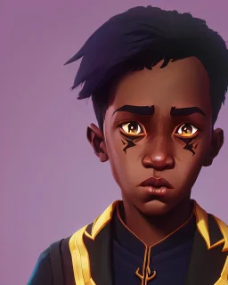 Portrait of a handsome black skinned toddler warlock boy with dark hair