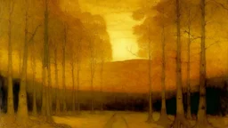 A yellow forest in a realm of light designed in ancient Greek pottery painted by Albert Pinkham Ryder