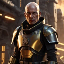 star wars bald male corellian pilot wearing pearlescent black and gunmetal grey First Order special forces heavy assault stealth commando armor and helmet with gold trim inside the jedi temple, hyperdetailed, dynamic lighting, hyperdetailed background, 8k resolution, volumetric lighting, light skin, fully symmetric details