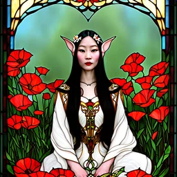 Stained Glass Art Nouveau art style A beautiful as a model asian woodland elf princess who looks like a young Lucy Liu seated on a throne surrounded by poppies in a mystical forest, photo-realistic