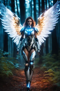 Front View night photography Beautiful Angel Pretty Woman cyborg, warframe armor in Magical Forest full of lights colors, Photography Art Photoshoot Art Cinematic Soft Blur Colors - on Running Dramatic Pose