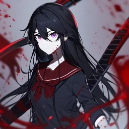 Clear focus, High resolution, rough line sketch art, long black hair, hair between eyes, fluffy hair, purple eyes, wearing a black and red sailor uniform, dark aura, mad, holding katana, bloody mess