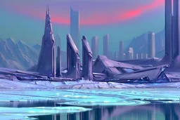 Science fiction city near frozen lake, impressionism painting