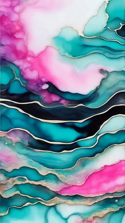 Alcohol ink art tile pattern. Vibrant, fantasy, delicate, ethereal. Sea. Shades of blue, black, teal, pink, turquoise, white. with golden outlines waves on shore. colorful beach. Background ink drip.