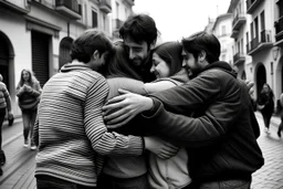 Grupo de personas abrazadas de espaldas en una calle de una ciudad española. fotografía realizada con cámara Leica y objetivo 50 mm