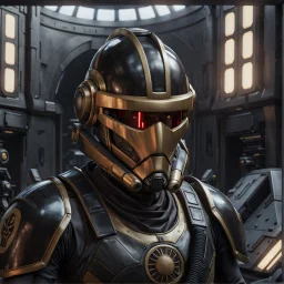 star wars bald male corellian pilot wearing pearlescent black and gunmetal grey First Order special forces heavy assault stealth commando armor and helmet with gold trim inside the jedi temple, hyperdetailed, dynamic lighting, hyperdetailed background, 8k resolution, volumetric lighting, light skin, fully symmetric details