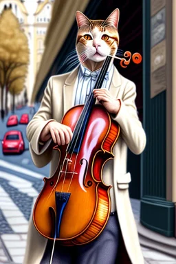 One single mature cat playing violin on the street, Vienna, friendly, model style, hyper realistic, extremely accurate, delicate, extremely detailed, Graphic novel style, wide-angle, open aperture, superfine pencil