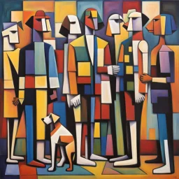 Cubist painting of humans and dogs standing next to each other in different colors and sizes, Cubist painting by Kees Maks, featured on dribble, informal art, cubism, picasso, art on instagram