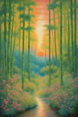A lime green forest filled with flowers and bamboo trees in sunset designed in Navajo woven art painted by Claude Monet, Busch painting style ,