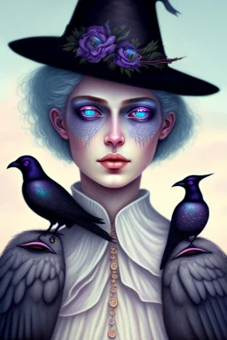 Friendly witch, playing with crows, perfect eyes, perfect iris, pastel colour, chalk, style Elisabeth Kreitz