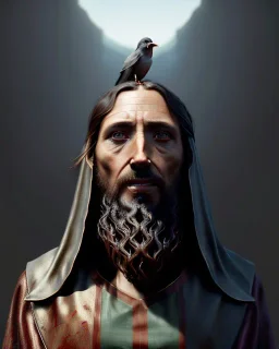 "Jesus, mysterious Kenku male, bird, full-scale head and shoulders portrait, 8k resolution concept art portrait by Greg Rutkowski, Artgerm, WLOP, Alphonse Mucha dynamic lighting hyperdetailed intricately detailed Splash art trending on Artstation triadic colors Unreal Engine 5 volumetric lighting Splash art fantasy"