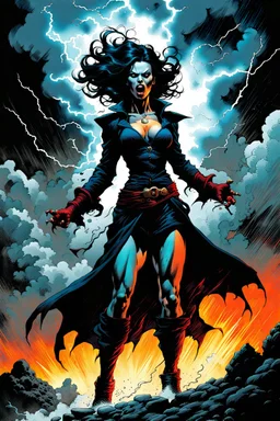 create a surreal horror comic style full body illustration of malevolent female vampire conjuring a violent storm , with highly detailed facial features, in the comic art style of RICHARD CORBEN and FRANK FRAZETTA, searing lines and forceful strokes, precisely drawn, boldly inked, with gritty textures, vibrant colors, dark and dramatic otherworldly lighting