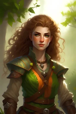 Generate a dungeons and dragons character portrait of a female spring Eladrin. She is ranger. She looks sweet and approachable but in the same time a little tomboy and wild her hair is little messy and little leaves growing in the hair and eyes of the color of spring