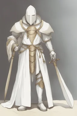 Knight wearing white robes and white cape with white mask, holding a spear