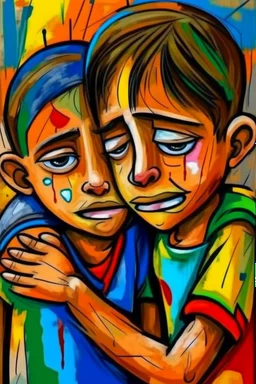 a girl hug her brother and both crying sadly, expressionism, Pixar style, in abstract art Basquiat, Picasso, Miro, Kandinsky, Klee, Birell, Fairey, Ardon, Buffet and Picasso style, HD --s 750 --v 5.1 --style raw, water color
