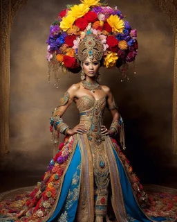 Photography by experience camera man,full length image a beautiful super model woman adorned with an elaborate and colorful headpiece made of flowers and jewels, wearing a vibrant and detailed traditional outfit that includes intricate patterns and sparkling embellishments. The attire should reflect a rich cultural heritage, with attention to the fine jewelry that complements the beautiful s