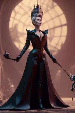 Hannah Waddingham as evil queen in black leather gown standing next to a tiny man, busty, cleavage, voluptous, rebecca Welton, angry, stern look. character design by cory loftis, fenghua zhong, ryohei hase, ismail inceoglu and ruan jia. unreal engine 5, artistic lighting, highly detailed, photorealistic, fantasy