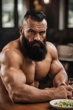 full figure shot photography of a burly ugly 30 year old italian boxer with big broken nose, very long muslim black beard, muscular beefy man shirtless, manly chest, big shoulders, shaved hair, bulge, sitting and eating on a table in a modern dinner room, photorealistic