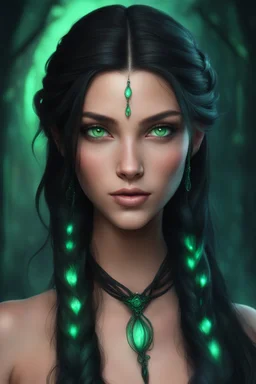 Young beautiful female Hexblood. Lightly tanned skin. Long silky jet-black hair with elegant half braids, the rest flowing straight down her back. Bright glowing pale emerald-green eyes. Delicate facial features, full lips, soft but mischievous smile. Subtle dark vine-like markings across her neck and collarbone. Ethereal beauty with a mysterious aura. Realistic dark fantasy, highly detailed, cinematic lighting.