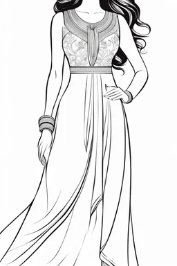 Coloring page for adults of a elegant fashion model woman wearing hindi dress, dynamic poses, full body portrait, thick and clean lines, clean details, no-color, no-turban, no-background, non color, non shading, no-grayscale, dynamic poses, full body portrait, thick and clean lines, clean details, no-color, no-turban, , non background, non color, non shading, no-grayscale, no color hair