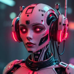 a robot from a dystopian future, cyberpunk aesthetic, worn with age, neon, feminine