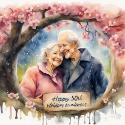 A vibrant watercolor wash splash art style portrait of a joyful elderly couple, their faces radiating happiness, sheltering beneath the blossoming branches of an old cherry tree. The man, with a neatly trimmed white mustache and a twinkle in his eye, gently holds the woman’s hand, while she smiles warmly, her silver hair softly framing her face. Below them, nestled amongst the roots of the tree, a textured sign reads "Happy 60th Wedding Anniversary" in bold lettering. The background depicts a mi