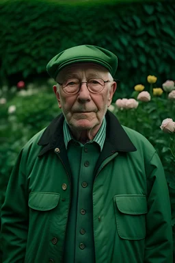 Un retrato de un anciano con un sobretodo verde y lentes de marco grueso en un jardín de rosas