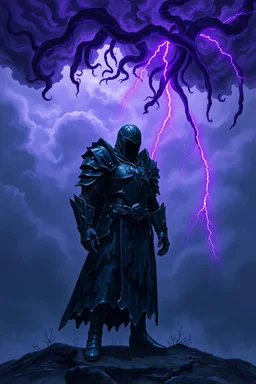 A lone, brooding figure stands clad in armor crafted from living, swirling ink like a rorschach painting, as if the darkness itself has coalesced into protective plates. Above, a sky choked with inky clouds, tentacles like grasping fingers, dangle from the clouds. Purple lightning strikes down to illuminate the scene.