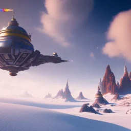 Spaceship landed on snowy mountain, sunny day. clear blue sky. gold. Elegant. Extremely detailed. Award winning photography. Fantasy. 8k. Cinematic lighting. Photorealistic. Dynamic lighting. Imperial colors. Crisp quality. Unreal Engine. Colourful cinematic postprocessing. Pixar. VRay.