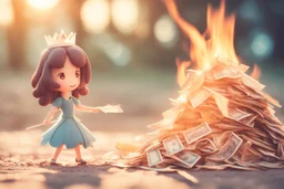 paper money stacks, cute chibi brunette princess desperately throwing a pile of paper money onto a burning bonfire with a pitchfork in sunshine, ethereal, cinematic postprocessing, bokeh, dof