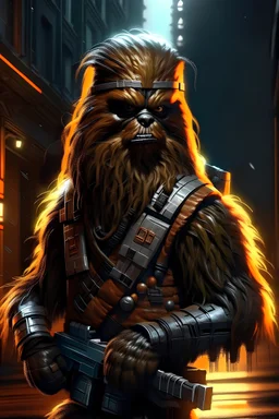 cyberpunk gangster chewbacca in Rembrandt lighting street art style