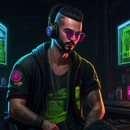 Cyberpunk hacker with a wifebeater shirt