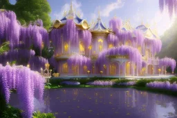 a magical crystal flower wisteria pink gold house palace in the woods, magnolias pink,blue lake,sun,white swanns,pink vertical, blue lake,sharp, vines, candlelit, endor, ornate, elegant, highly detailed, artstation, concept art, smooth, sharp focus, illustration, 8k, splash art, wallpaper, key visual