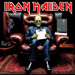 heavy metal albumn cover for "IRON MAIDEN" titles "PSYCHOTHERAPY" based specifically on artist Derek Riggs design and style. Album cover features name of band in iconic Iron Maiden font and is of Iron Maiden's leering rictus faced mascot Eddie who is dressed as a psychologist sitting cross-legged in a leather chair next to a therapist's couch holding a clipboard.