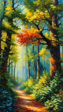 Bosque con árboles grandes, gruesos y frondosos, calidad ultra, hiperdetallado,12K, pintura arte baujaus impresionista maximalista, explosión de colores, increíble obra de arte